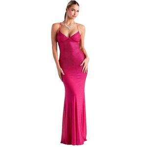 Lace Up ALine Formal Dress Sz Lg Windsor Rhinestone prom Event Gala Pink Stretch